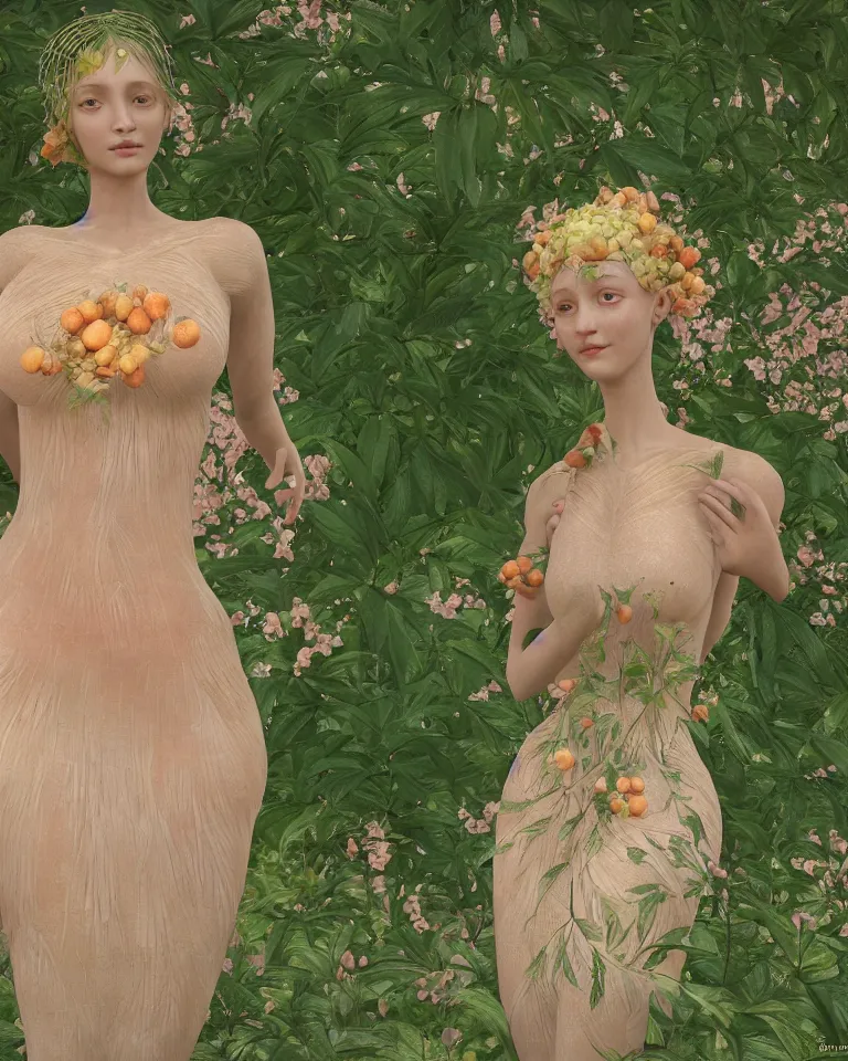 Prompt: An Elegant and Gently Goddess of peach fruits fairies, her skin is made of detailed pale human skin. Shiny hair made of highly detailed plant roots strands and two peaches. Weeds are growing from her belly bottom. Dress made of leaves. Gently looking at the camera. Soft details. Clear eyes. Octane Render. Rendered. unreal engine. 4k. 8k. Realistic skin. Detailed. Refined. Body art. Highly Detailed. Face by Otto Schmit. Detailed Garden of fruits as background. Trending on artstation.