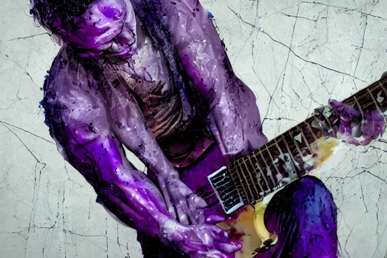 Image similar to dripping purple faded paint across the shape of a male human playing guitar, realistic, high detail, on a white damage background