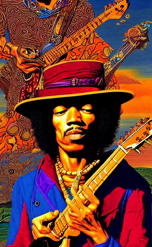 Prompt: an awesome jean giraud graphic art of jimi hendrix in the style of a renaissance masters portrait, new age symbolism and tibetan book of the dead imagery, intricately detailed, 4 k