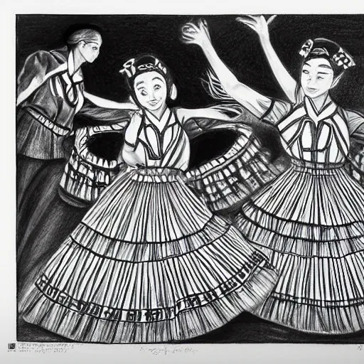 Image similar to round dance, folkloric dance, beautiful pencil drawing in anime style, sharp and precise, detailed