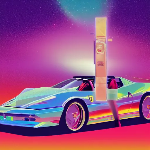 Prompt: jesus talking on a big phone driving a convertible ferrari vaporwave, by scott uminga, 8 0's, fractals, trending on artstation, digital art, cosmic, constrast, saturation, vibrant, 3 d high definition