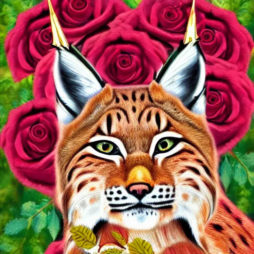 Prompt: lynx wearing a crown made out of roses and golden leaves, a majestic crown, an expressive digital painting, high quality art,