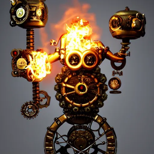 Prompt: intricate steampunk monster constructed by newton with screws and bolts and a pearl on fire with smoke, isolated on white background, 3d occlusion