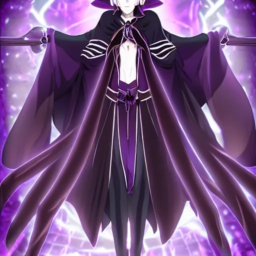 Image similar to an attractive anime female necromancer mage symmetrical, donned in black cloak with purple staff full body in frame