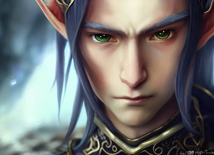 Image similar to a film still portrait of a fantasy elven knight, finely detailed features, closeup of face, cinematic lighting, perfect art, night cyberpunk city, intricate, anime, gapmoe grimdark, artstation, trending on pixiv fanbox, painted by greg rutkowski makoto shinkai takashi takeuchi studio ghibli, akihiko yoshida, 4 k