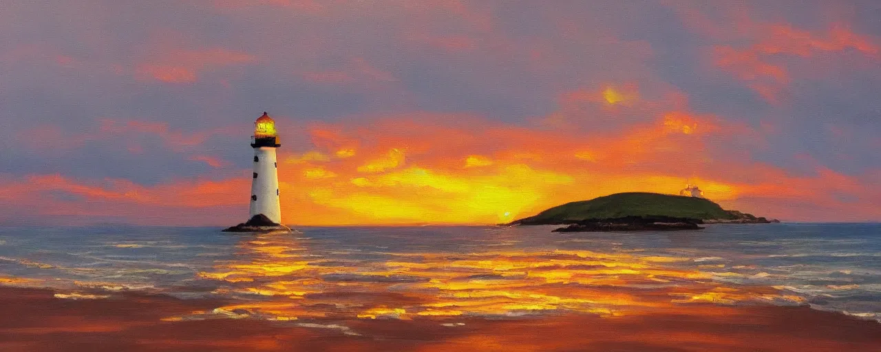 Image similar to A painting of a lighthouse by the ocean at sunset