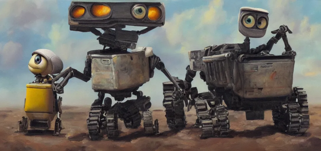 Prompt: Oil Painting of Wall E and Eva