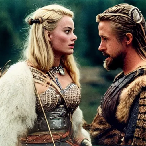 Image similar to still of ryan gosling and margot robbie, in a viking movie ( 1 9 8 6 )