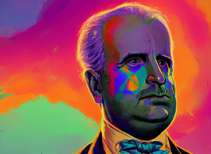 Prompt: A psychedelic portrait of immensely obese john biden, vibrant color scheme, highly detailed, in the style of romanticism, cinematic, artstation, Moebius, Greg rutkowski