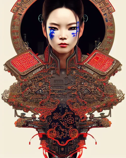 Image similar to portrait of a cyberpunk machine, machine face, upper half portrait, decorated with chinese opera motifs, asian, fine china, wuxia, traditional chinese art, intricate, elegant, highly detailed, symmetry, headpiece, digital painting, artstation concept art smooth sharp focus, illustration, art by artgerm and greg rutkowski alphonse mucha 8 k