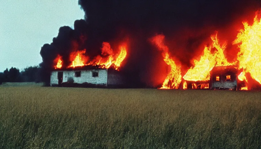 Image similar to 1 9 7 0 s movie still of a burning northern french house in a field, cinestill 8 0 0 t 3 5 mm, high quality, heavy grain, high detail, texture, dramatic light, ultra wide lens, panoramic anamorphic, hyperrealistic