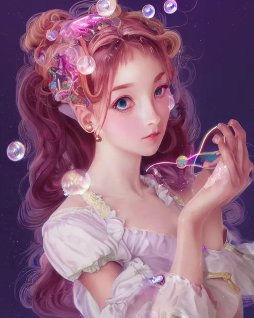 Prompt: portrait of magical lolita girl, dreamy and ethereal, expressive pose, big gold eyes, exciting expression, fantasy, intricate, elegant, many rainbow bubbles, rose tones, highly detailed, anime, artstation, concept art, cyberpunk wearing, smooth, sharp focus, illustration, art by artgerm and greg rutkowskiand alphonse mucha