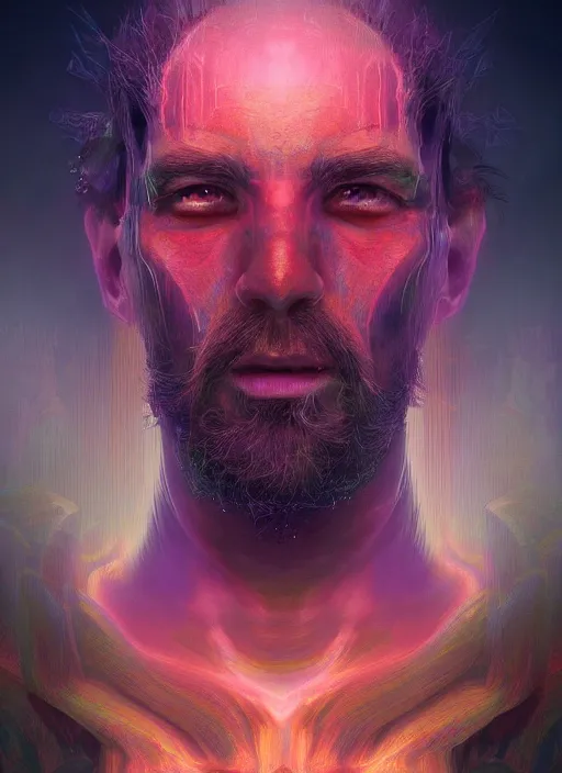 Image similar to psychedelic portrait of an interdimensional god, unreal engine, vray ray - traced 2 d render, greg rutkowski, brush strokes