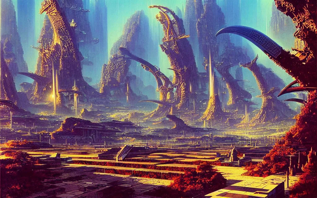 Prompt: a scifi utopian temple, futurist, award winning digital by bruce pennington art