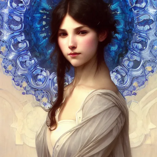 Image similar to blue heaven, intricate, elegant, highly detailed, digital painting, artstation, concept art, smooth, sharp focus, illustration, art by artgerm and greg rutkowski and alphonse mucha and william - adolphe bouguereau