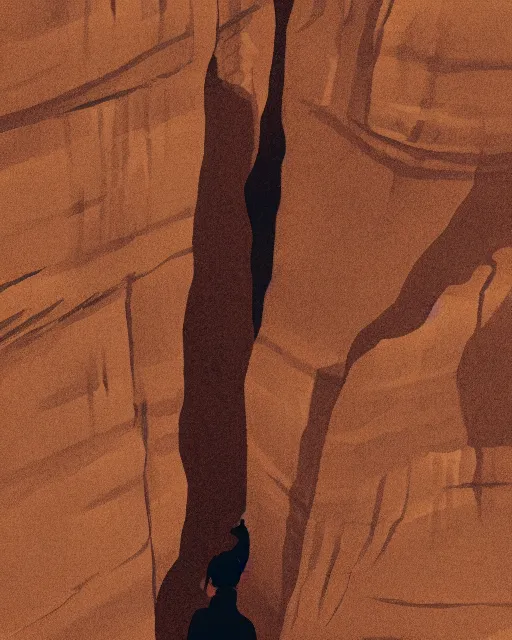 Prompt: a small person standing in the middle of a canyon, illustration