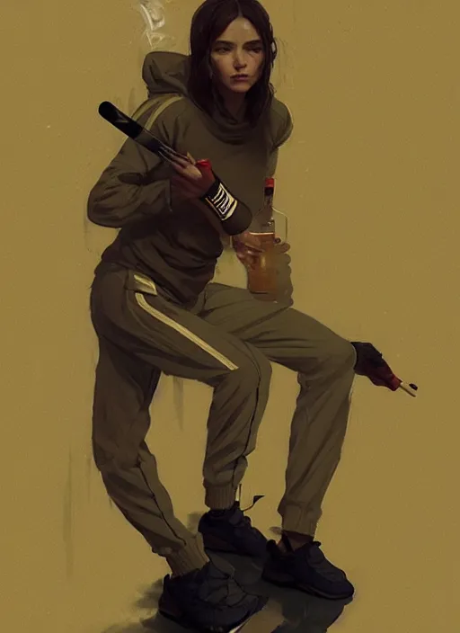 Image similar to russian slav heroine wearing an addidas tracksuit squatting with whiskey in one hand and a cigarette in the other hand. by greg rutkowski and wlop, detailed, cinematic, artstation, 8 k, intricate, rule of thirds.