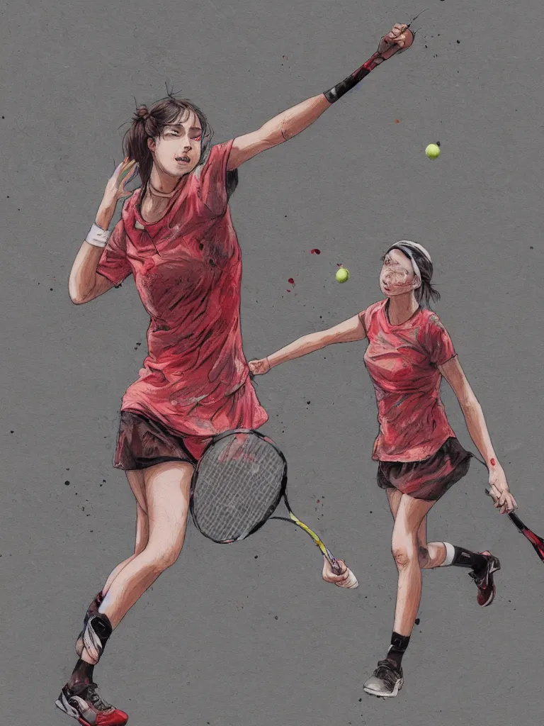 Prompt: young adult woman playing tennis, anime, painful, cardboard, blood stains on shirt, blood on tennis court, bleeding audience, illustration, traditional drawing style, dramatic mood, textured canvas, highly detailed, fine art, melancholic art, oil pastels, 8 k render octane high definition cgsociety