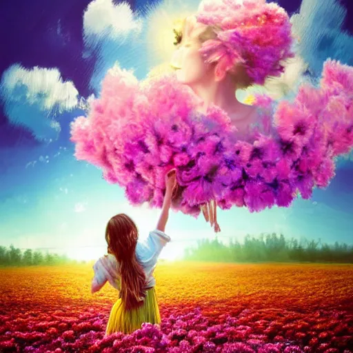 Prompt: head made of giant flowers, girl dancing barefoot in a vast flower field, arms behind back, surreal photography, sunrise dramatic light, impressionist painting, colorful clouds, large sky, digital painting, artstation, simon stalenhag, flower face