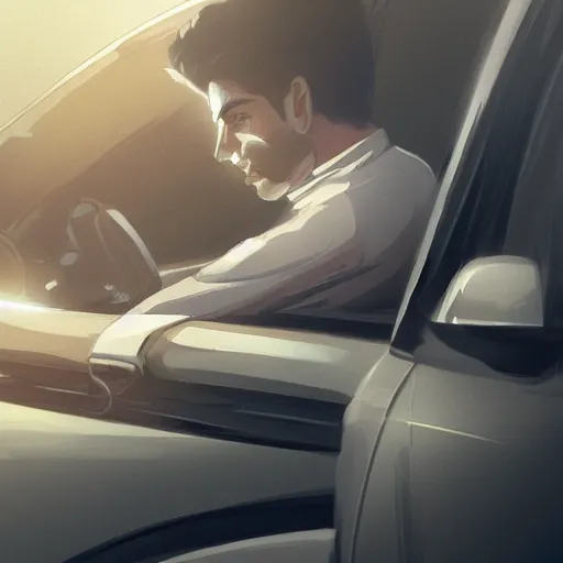 Image similar to saudi arab man smoking inside a car, highly detailed, elegant, sharp focus, anime, digital art, in the style of greg rutkowski and craig mullins 4 k