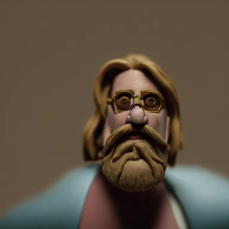 Image similar to a cinematic film still of a claymation stop motion film the big lebowski, portrait, shallow depth of field, 8 0 mm, f 1. 8