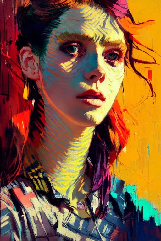 Image similar to portrait of a beautiful punk girl, complementary colors, beautiful face, rule of thirds, intricate outfit, spotlight, by greg rutkowski, by jeremy mann, by francoise nielly, by van gogh, digital painting