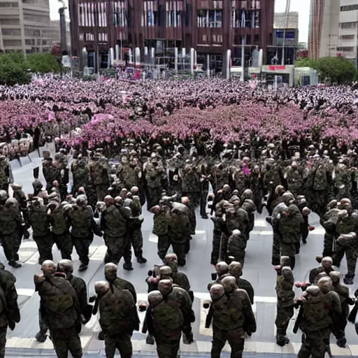 Image similar to army march in infinitia square in front of infinian de gowyernmentıa in government center during mother's day, anime