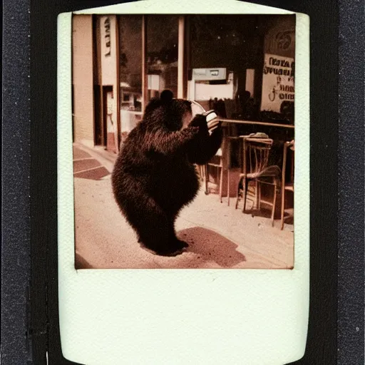 Prompt: a very beautiful old Polaroid picture of a bear drinking coffee inside a coffee shop, award winning photography