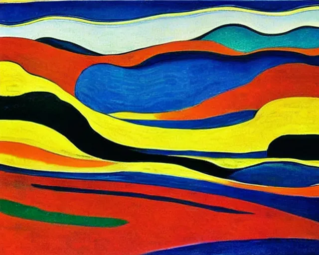 Image similar to A wild, insane, modernist landscape painting. Wild energy patterns rippling in all directions. Curves, organic, zig-zags. Saturated color. Mountains. Clouds. Rushing water. Wayne Thiebaud. Edvard Munch. Zao Wou-ki.