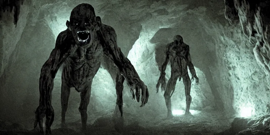 Prompt: a deep cave with skinny monster men hiding in the darkness, glowing reflective eyes, horror movie The Decent