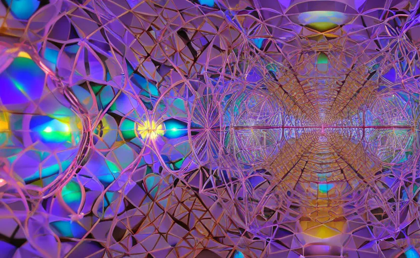 Image similar to Intertwined recursive 3d sacred geometry spheres cubes and prisms in a honycomb structure, by stephen kruse, rendered in lumion, 8k resolution, psychedelic lighting, muted color scheme, realistic shadows, cgscociety, stephen kruse, trending on artstation