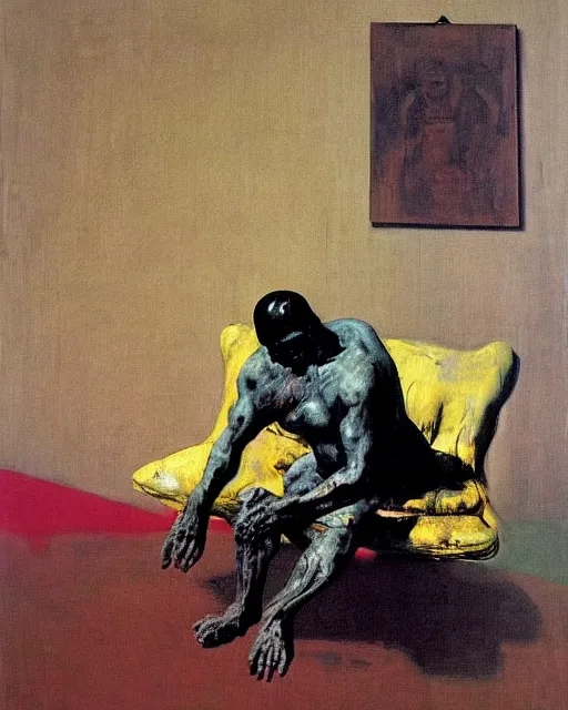 Image similar to thick expressionist acrylic painting of an old dead figure sitting on a couch ,  Beksinski painting, part by Francisco Goya and Gerhard Rich⁷⁷ter. art by James Jean, Francis Bacon masterpiece