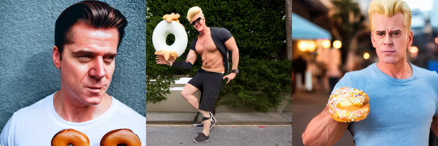 Prompt: Johnny Bravo as a real-life human trying to steal a donut, XF IQ4, f/1.4, ISO 200, 1/160s, 8K, Sense of Depth, color and contrast corrected, Nvidia AI, Dolby Vision, in-frame