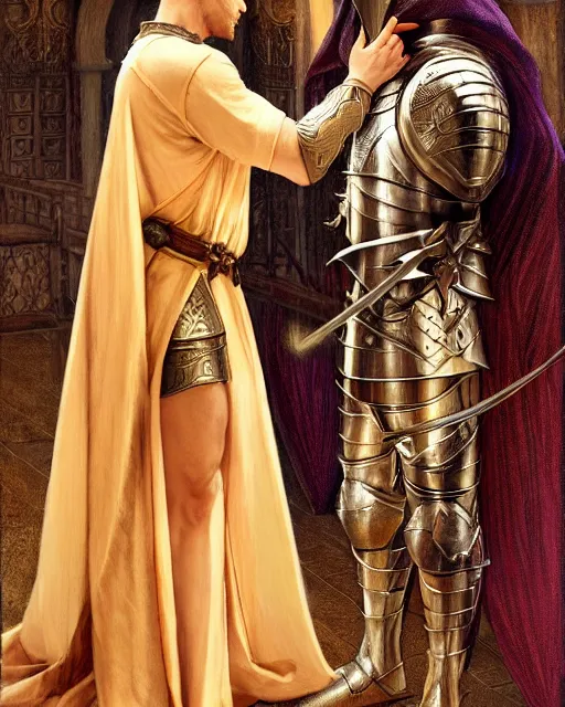 Prompt: attractive arthur pendragon confesses his love to his attractive male knight, they are close to each other, in a quiet moment, they are wearing robes, highly detailed, very intricate, cinematic lighting, by donato giancola and rossdraws and magali villenueve, j. c. leyendecker, featured on artstation