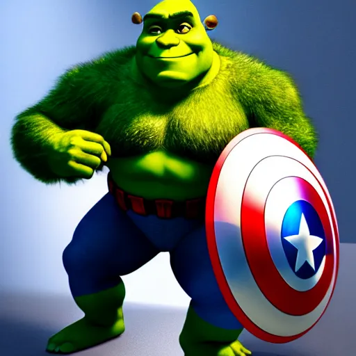 Image similar to digital painting of Shrek as Captain America, octane render, volumetric lightening, by marvel