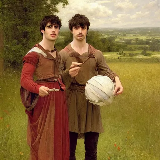 Prompt: Bradley James and Colin Morgan, 2 guys. From the television show Merlin (2008). In a beautiful meadow in love, happy; high-detailed oil painting by William-Adolphe Bouguereau, trending on Artsatio, masterpiece, 4k