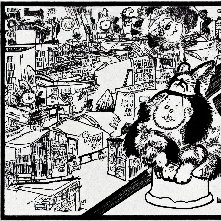 Image similar to a still frame from comic strip, black fluffy hairy furry rabbit on a clean background 1 9 5 0, herluf bidstrup, new yorker illustration, monochrome contrast bw, lineart, manga, tadanori yokoo, simplified,