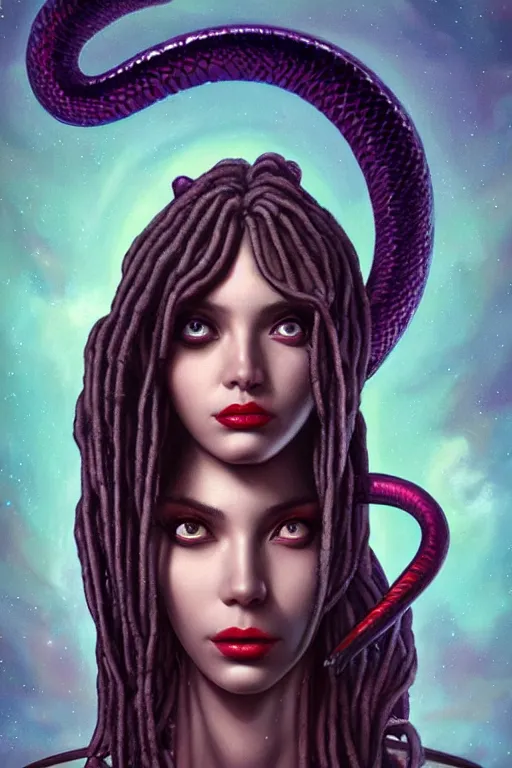 Prompt: portrait of an elegant alien queen with dreads snake hair, straight on portrait, by artgerm, tom bagshaw, gerald brom, vaporwave colors, lo fi colors, vaporwave, lo fi, 2 point studio lighting, dramatic lighting, 4 k, hd,