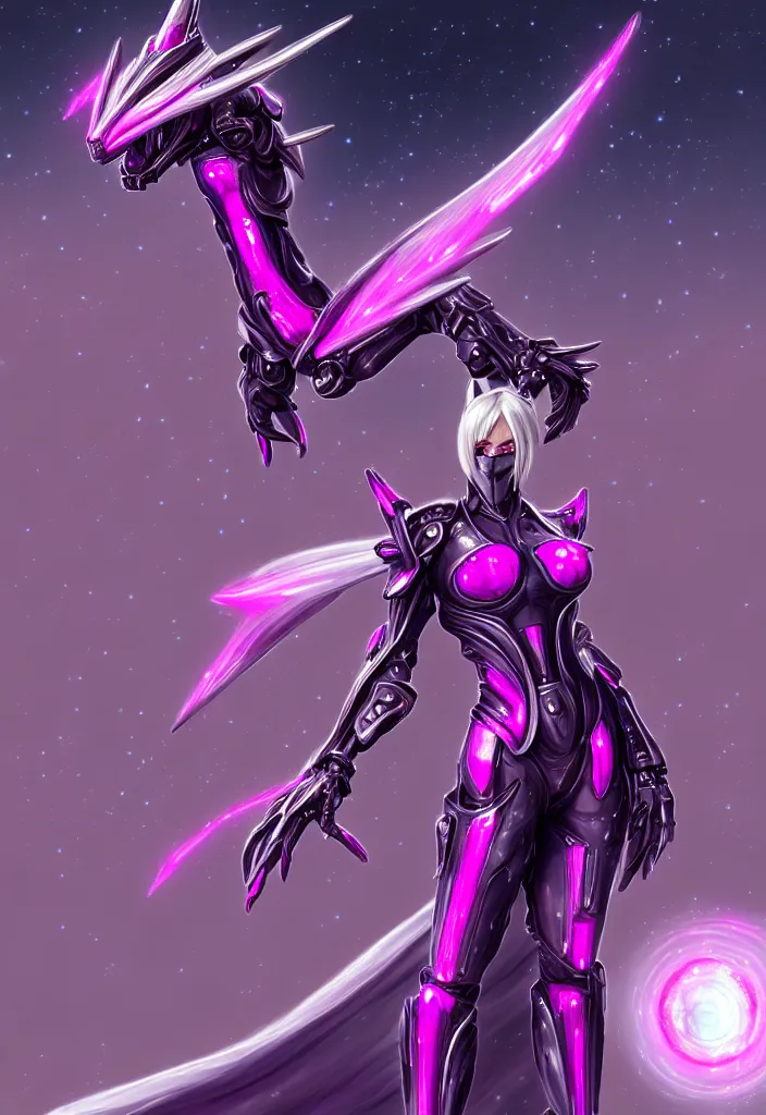 Prompt: galactic hyperdetailed elegant beautiful stunning realistic giantess anthropomorphic sexy hot mecha female dragon goddess, sleek spines, sharp metal ears, sleek fuchsia eyes, sleek white armor, shiny fuchsia skin, bigger than galaxy, real proportions, epic scale, nig size, warframe fanart, furry, dragon art, goddess, giantess, furaffinity, octane