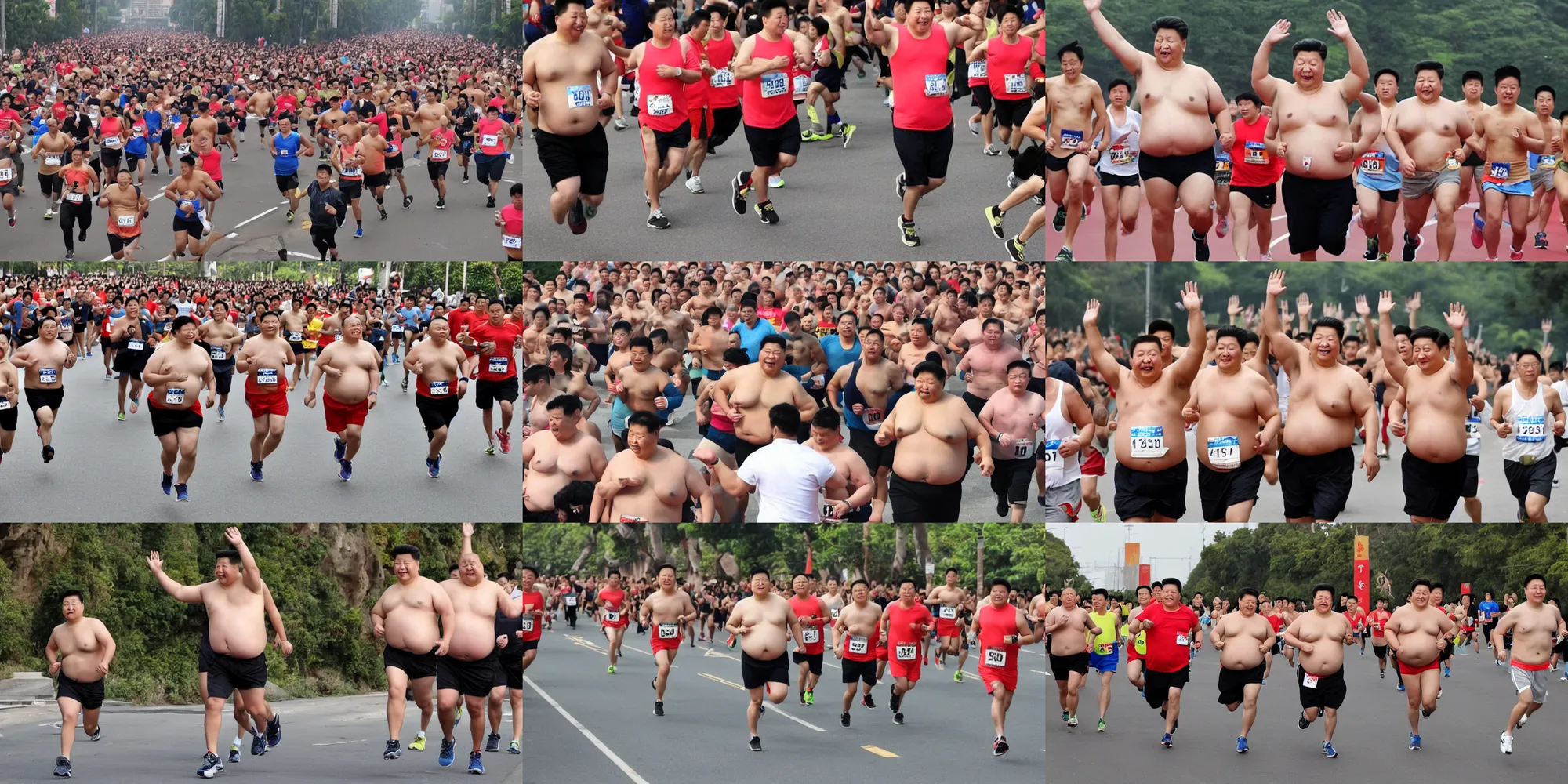 Prompt: obese shirtless xi jinping running marathon hands up