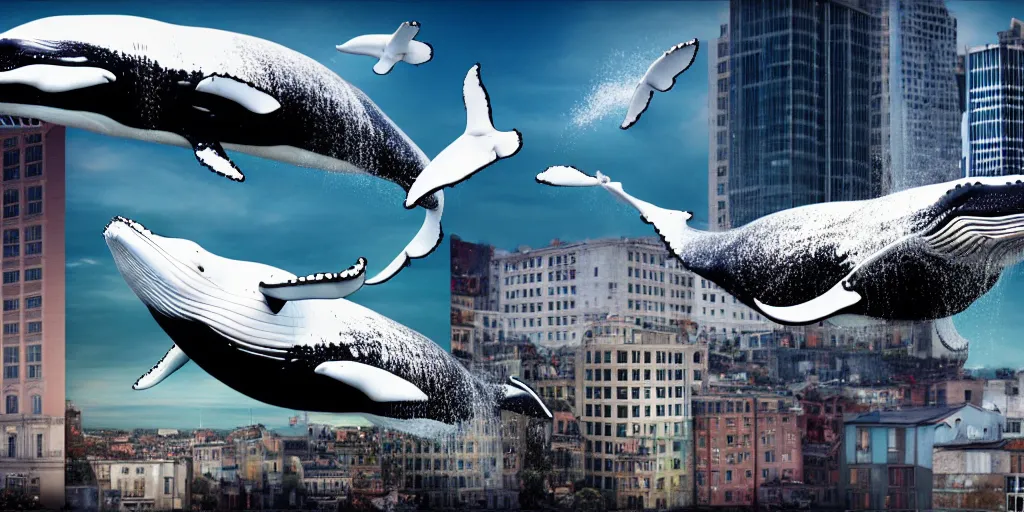 Image similar to photography collage of whale flying over a building, wearing fashion clothing, id magazine, hyperrealism, detailed textures, photorealistic, 3 d city, ultra realistic,