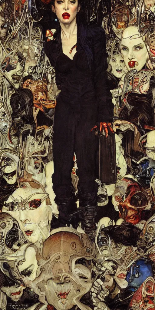 Image similar to portrait of an urban female vampire, with an unusual sense of fashion, by donato giancola and norman rockwell.