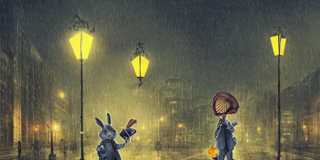 Prompt: a time traveling rabbit holding a pocket watch and an umbrella, rainy night, city lights, streetlights, digital art, sharp, 1 9 8 0 s style