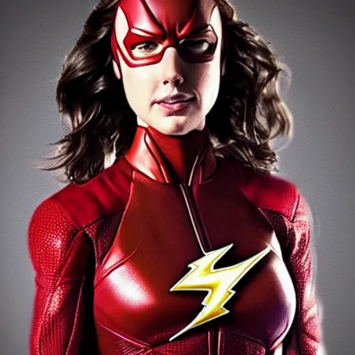 Prompt: an potrait of gal Gadot cast of movie the flash and wearing a flash suit, photorealistic high detail, full body shot.