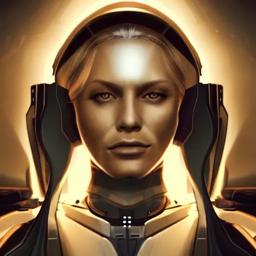 Prompt: panorama of a very pretty blond borg queen on a borg ship, cybernetic implants, perfect face, symmetrical face, moody lighting, shallow depth of field, artstation concept,