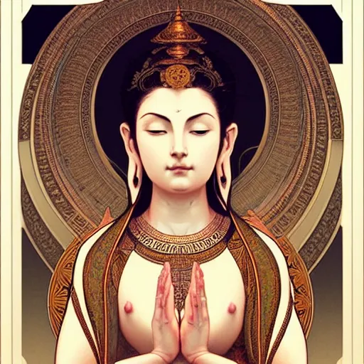 Image similar to intense portrait of the white tara bodhisattva meditating, intricate, elegant, highly detailed, my rendition, digital painting, artstation, concept art, smooth, sharp focus, illustration, art by artgerm and greg rutkowski and alphonse mucha