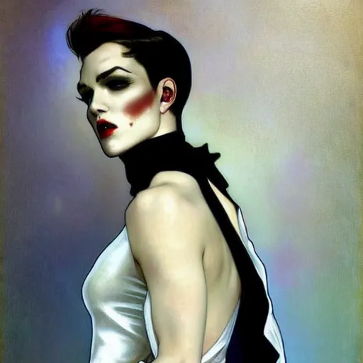 Image similar to beautiful portrait of androgynous ruby rose as desire from sandman in a white tuxedo!!!, rockabilly style, by alphonse mucha, cedric peyravernay, by jeremy mann, by frank moth, white suit and black tie, soft lightning, high detailed, 8 k