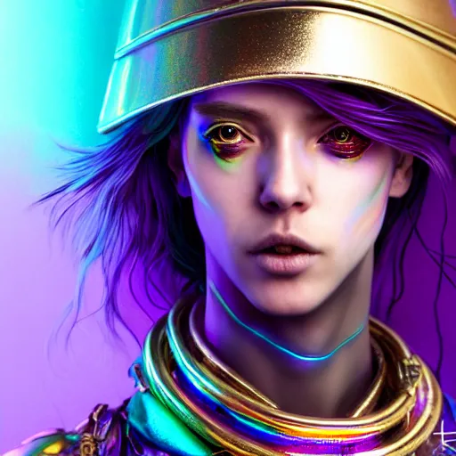 Prompt: hyperdetailed portrait of a stunningly beautiful cyberpunk british girl androgynous wizard guard made of iridescent metals and shiny purple gems, bright rainbow nimbus, led necklace, trash background inspired by ross tran and masamune shirow and kuvshinov, concept art, intricate, photorealistic, octane render, rtx, hdr, unreal engine, dnd digital art by artgerm