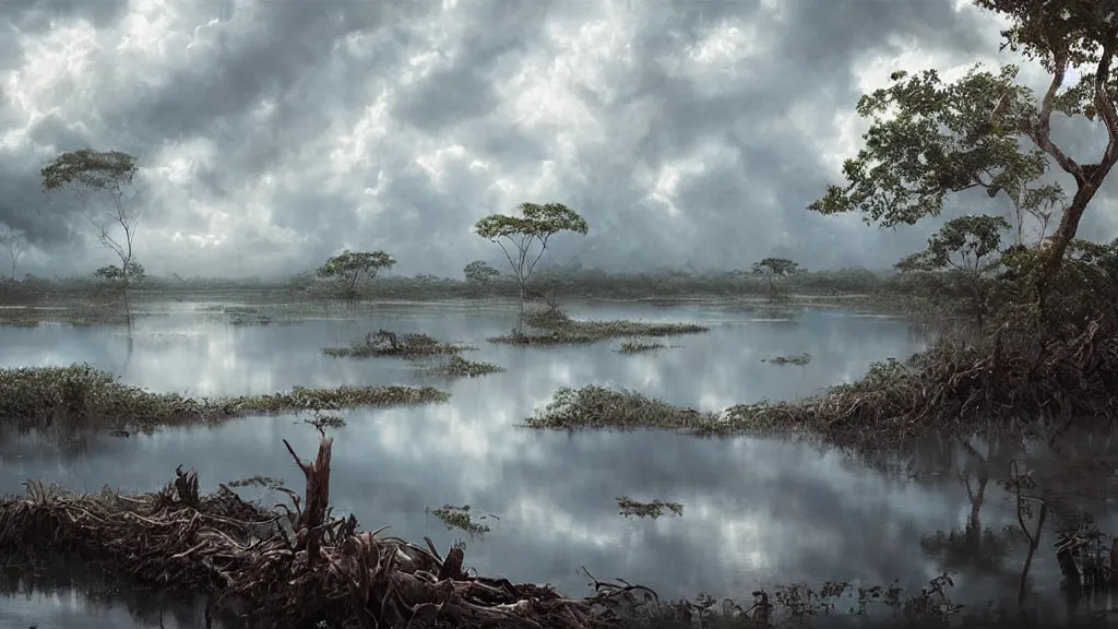 Image similar to Mangrove swamp made of clouds with lots of very very cloud shaped leaves, A beautiful, highly detailed, masterpiece, oil painting by Greg Rutkowski.