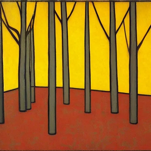 Image similar to a painting of trees with a yellow background, an art deco painting by mondrian, featured on pixiv, synthetism, fauvism, creative commons attribution, academic art